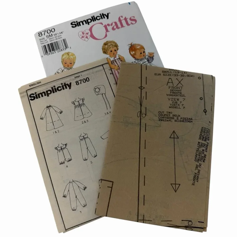 Vintage Simplicity Crafts 8700 Baby Doll Sewing Pattern 13-14